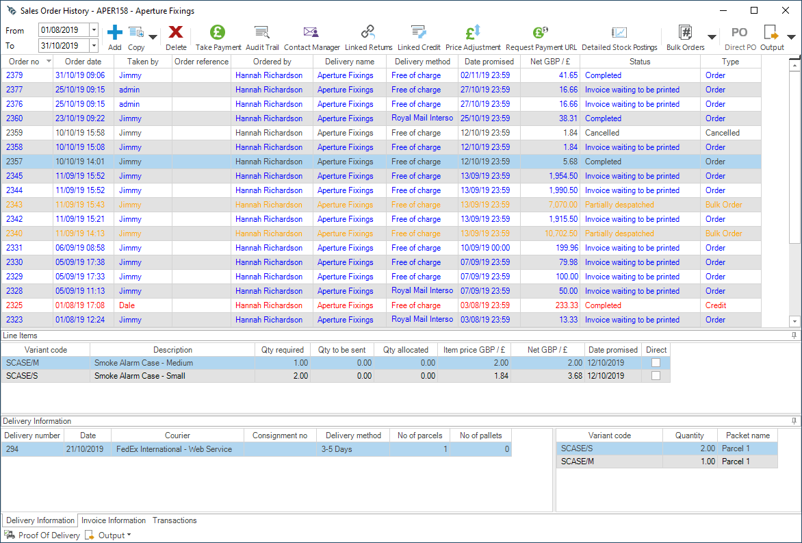 Sales Customer List Order History